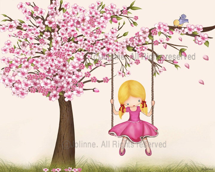 Girls room wall art picture, kids wall art, cherry blossom tree, pink, nursery decor, girl swinging from a tree, children decor