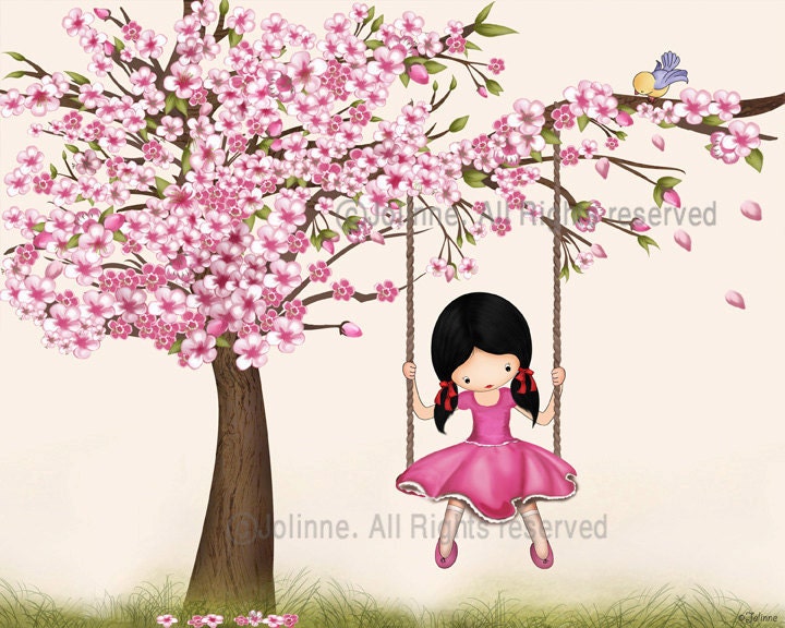 Girls room wall art picture, kids wall art, cherry blossom tree, pink, nursery decor, girl swinging from a tree, children decor