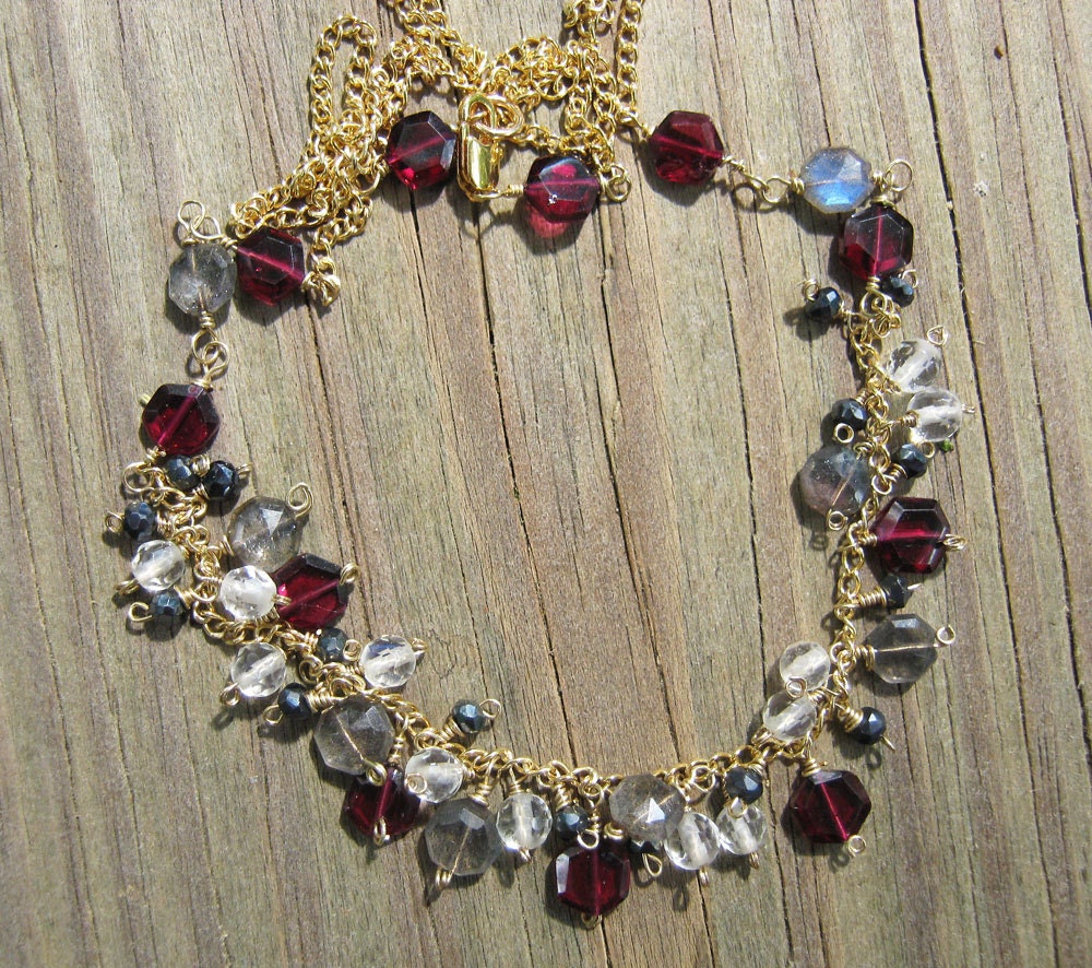 SALE - 22 inch 14K GF Mystic Spinel, Rhodolite Garnet, Labradorite, Crystal Quartz Fringe Necklace