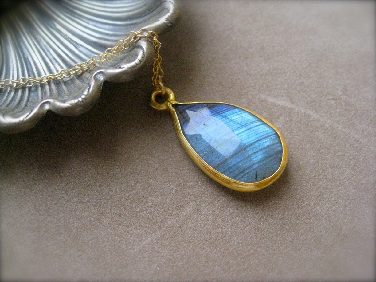 Large Labradorite  Briolette  Pendant Necklace framed in Gold