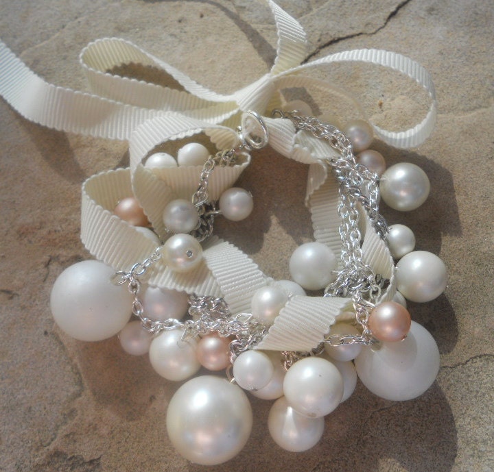 Bridal Pearl Chunky Multi Chain Bracelet Vintage Ivory Twisted RIbbon Cuff  - Pearls Gone Wild Bracelet