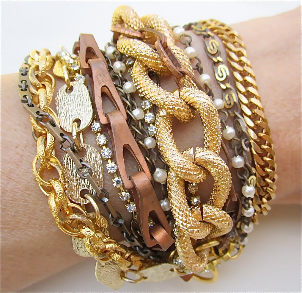 Multi Strand Bracelet Gold Mixed Metal Vintage Chunky Copper Cuff with Rhinestones and Pearls Bridesmaid Bracelet - Golden Ticket Bracelet