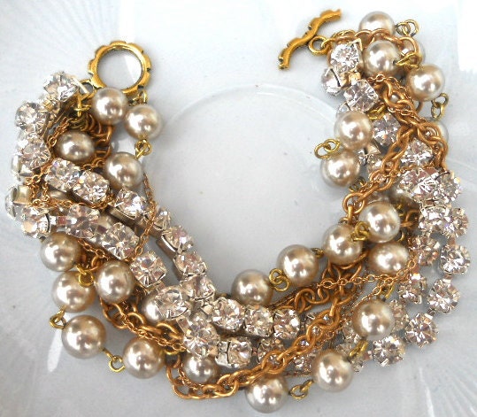 Rhinestone Pearl Chunky Bridesmaid Bracelet in Gold Crystal Bridal Jewelry Multi Strand Twisted Pearl & Gold - Life of the Party Bracelet