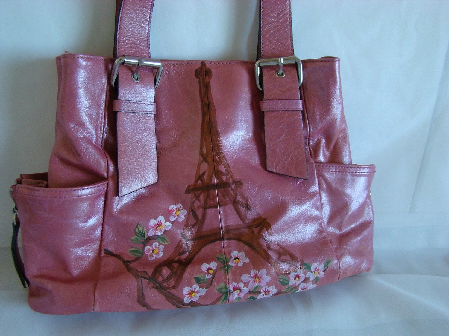 Eiffel Tower with Cherry Bloosm - pink leather bag - Hand painted OOAK