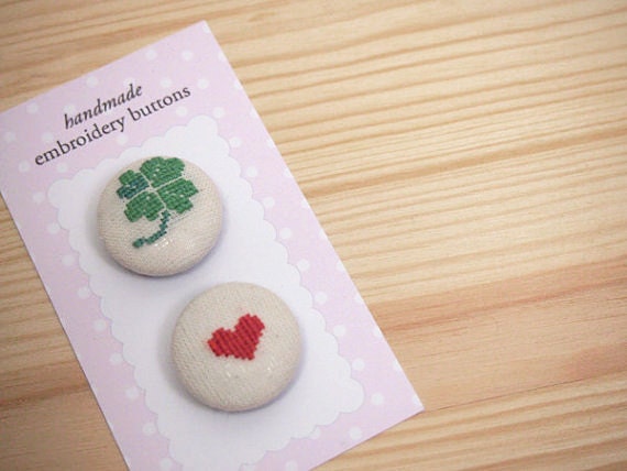 Clover and Heart embroidery fabric covered button pair