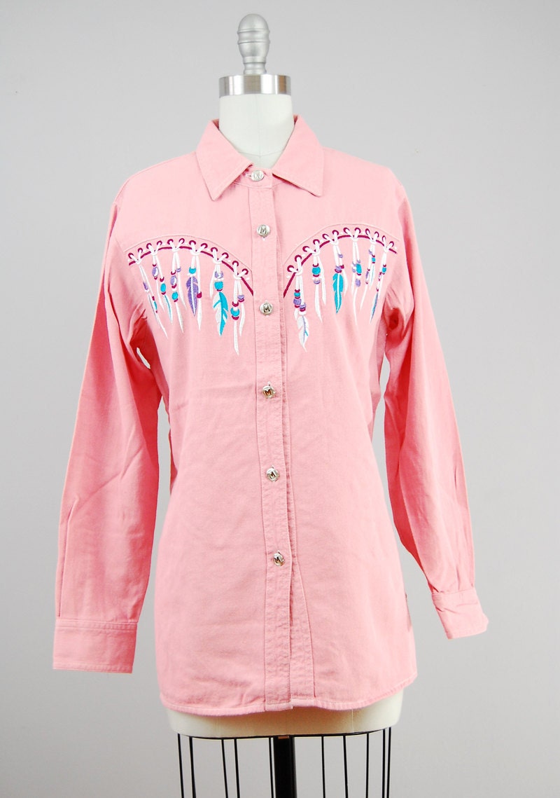 1980s Bob Mackie southwestern shirt / pink cotton with feather embroidery / medium