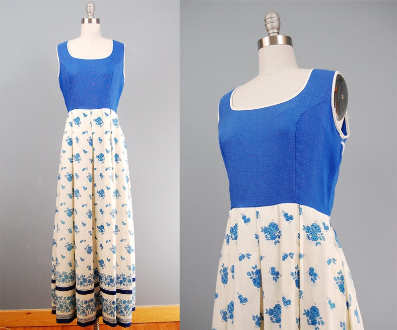 70s maxi dress floral cotton blue country