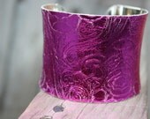 ON SALE- Leather Cuff Bracelet - Fuschia Pink Floral Embossed Leather