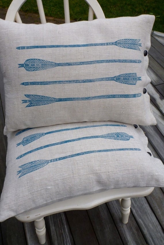 pillow cushion linen arrows tribal turquoise block print (mineral blue on oatmeal)