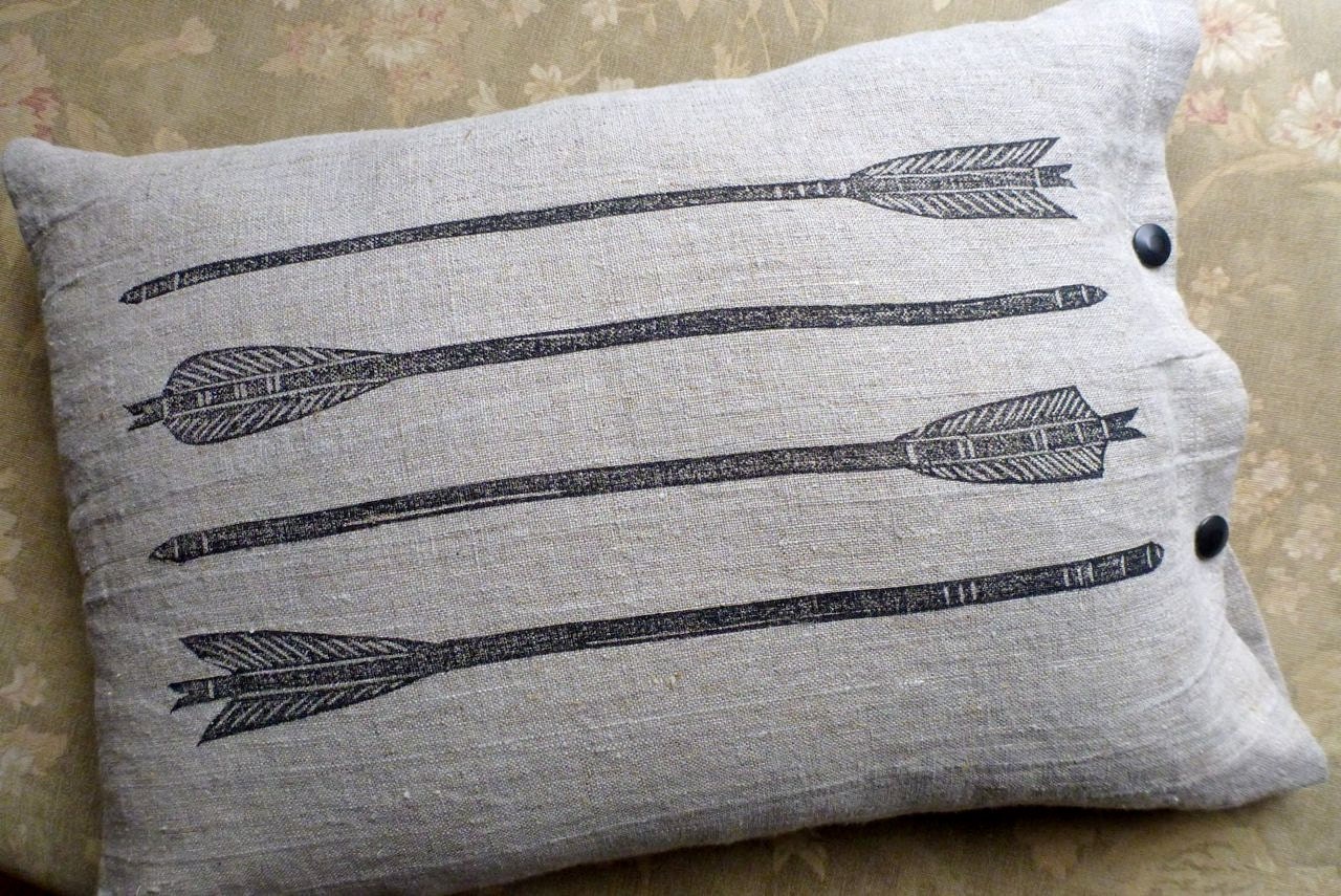 pillow cushion linen arrows archery block print (graphite on toast)