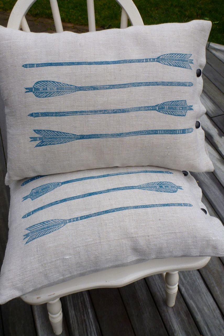 pillow cushion linen arrows tribal turquoise block print (mineral blue on oatmeal)