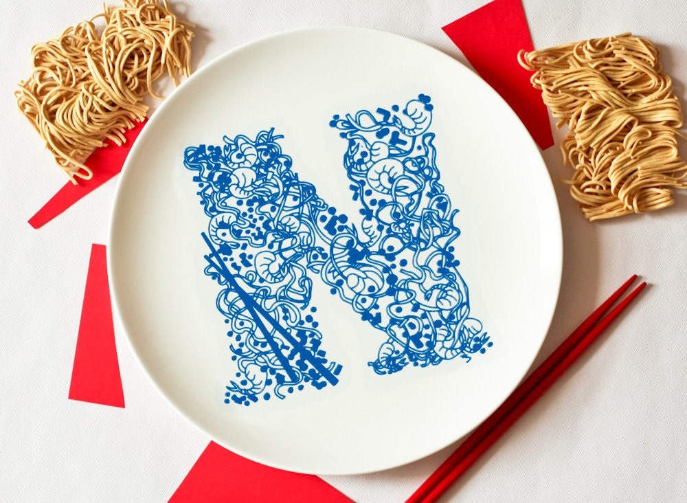 N for Noodles - Alphabet Ceramic Plate (Blue)