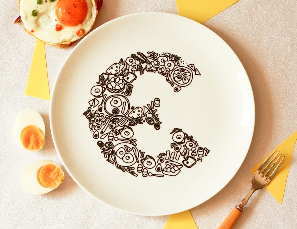 E for Eggs - Alphabet Ceramic Plate (Black)