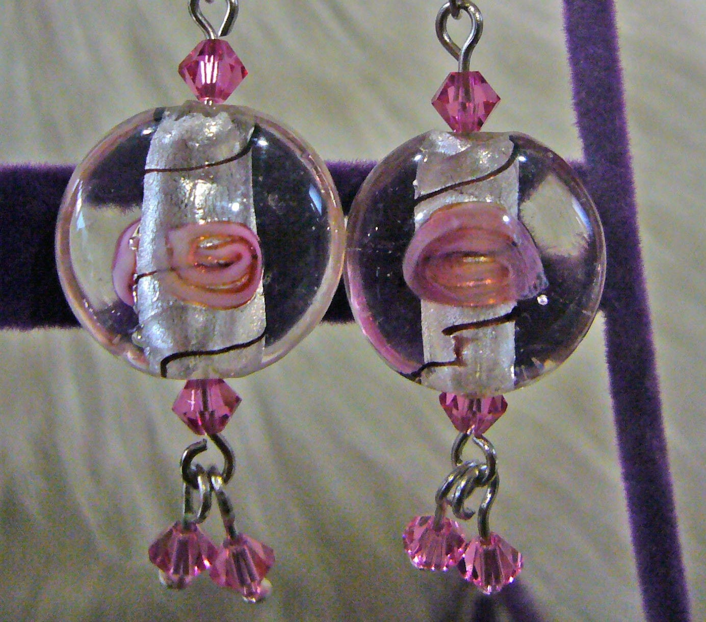 Pink Murano Style Lampwork Glass Earrings with Swarovski Crystal Choice Black