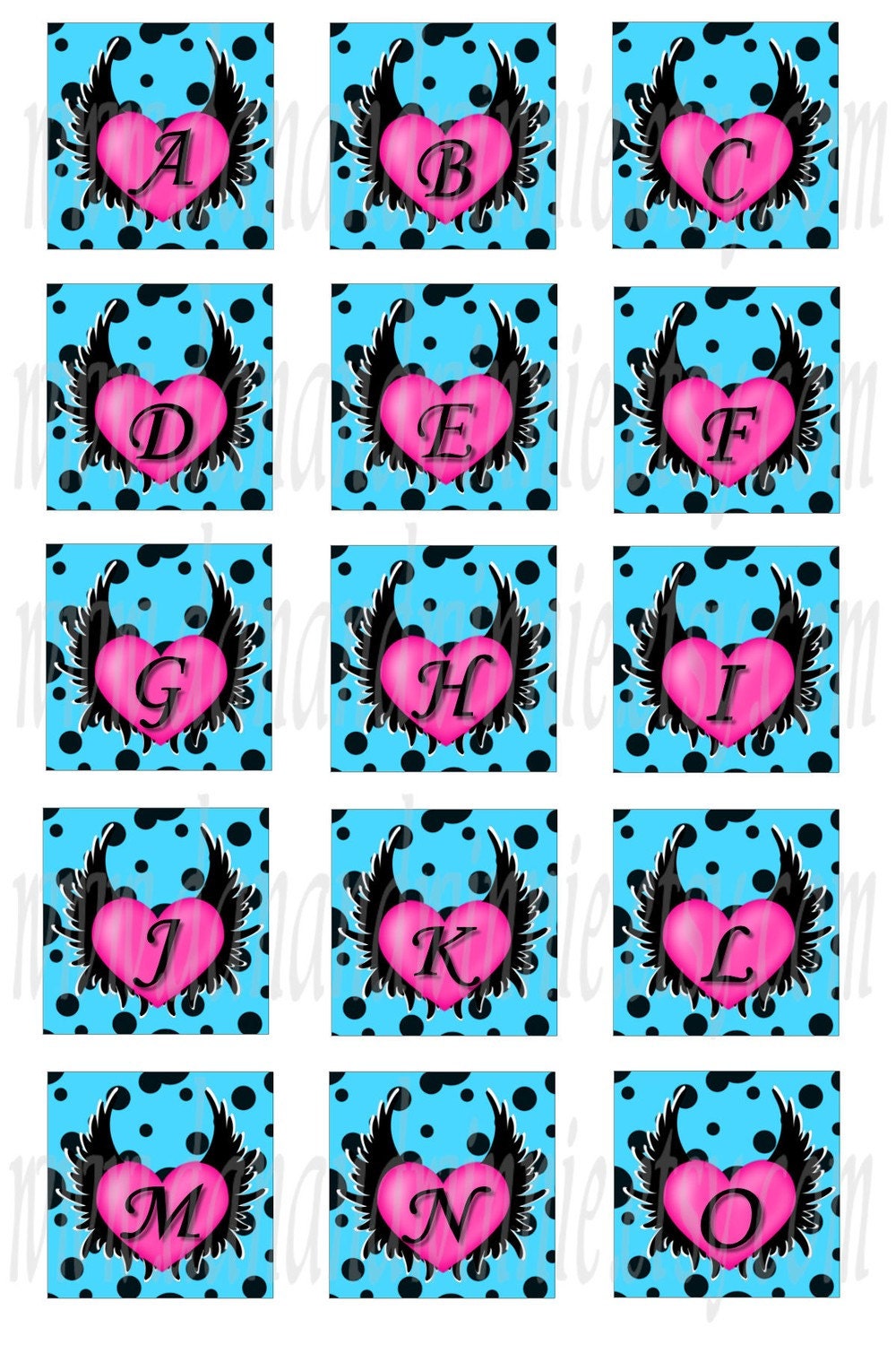 WINGED HEARTS  Alphabet Inchies 1 inch square digital images for glass tiles, scrapbooking, tags  4X6 digital graphics collage sheet