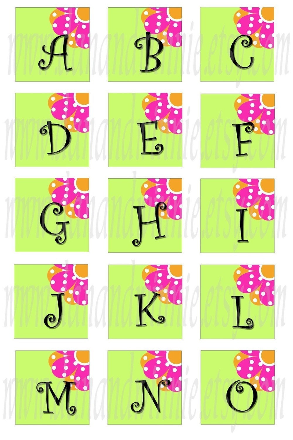 CRAZY DAISY Alphabet Inchies 1 inch squares digital images for glass tiles, scrapbooking, tags  4X6 digital graphics collage sheet