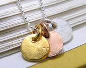 tri color tiny organic disc silver, rose gold and yellow gold textured charm disk necklace of sterling silver and vermeil