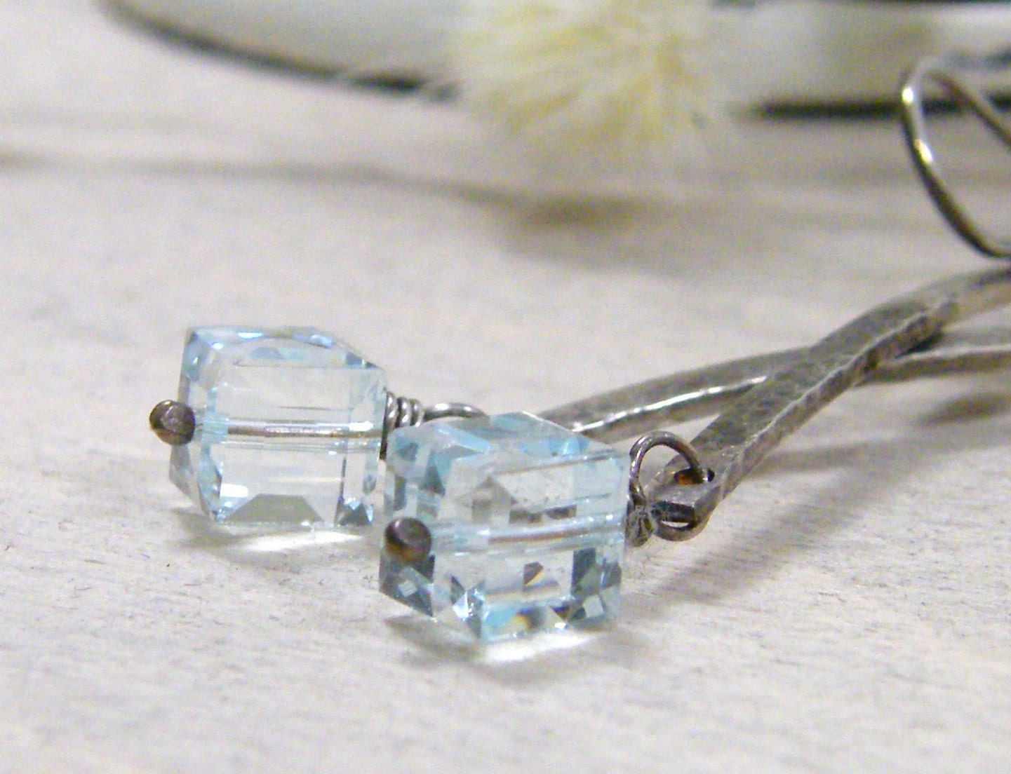 earrings, dangle, light blue squared swarovski crystal cube sterling silver