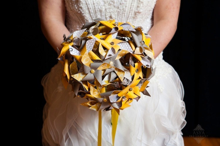 Grey and Yellow Wedding Bride's Mini Pinwheel Bouquet by Rule42 Custom Made to Order for Esme