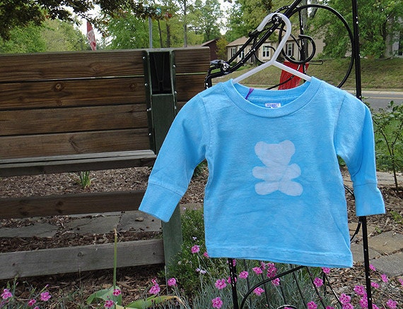 Baby T-Shirt: Turquoise Blue with Batik Teddy Bear, Long Sleeves (12 months) READY TO SHIP