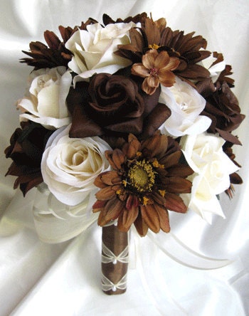 Wedding bouquet Bridal flowers CREAM BROWN CHOCOLATE 10 pc package Bridesmaids boutonnieres Corsages