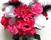 Wedding bouquet Bridal Silk flowers Hot Pink FUCHSIA BLACK WHITE  feathers Bridesmaids boutonnieres Corsages 17 pc package
