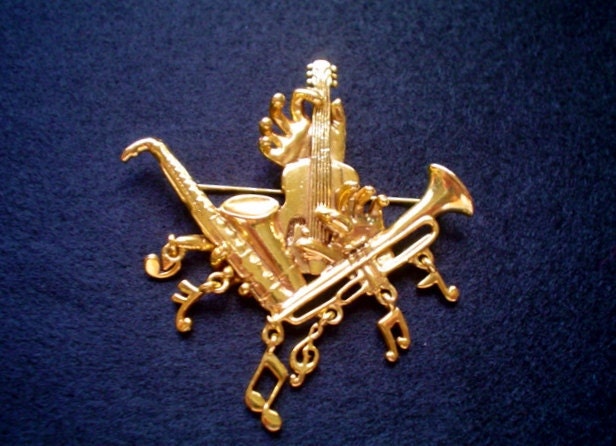 Vintage Brooch, Pin - Musical Instruments with Hands