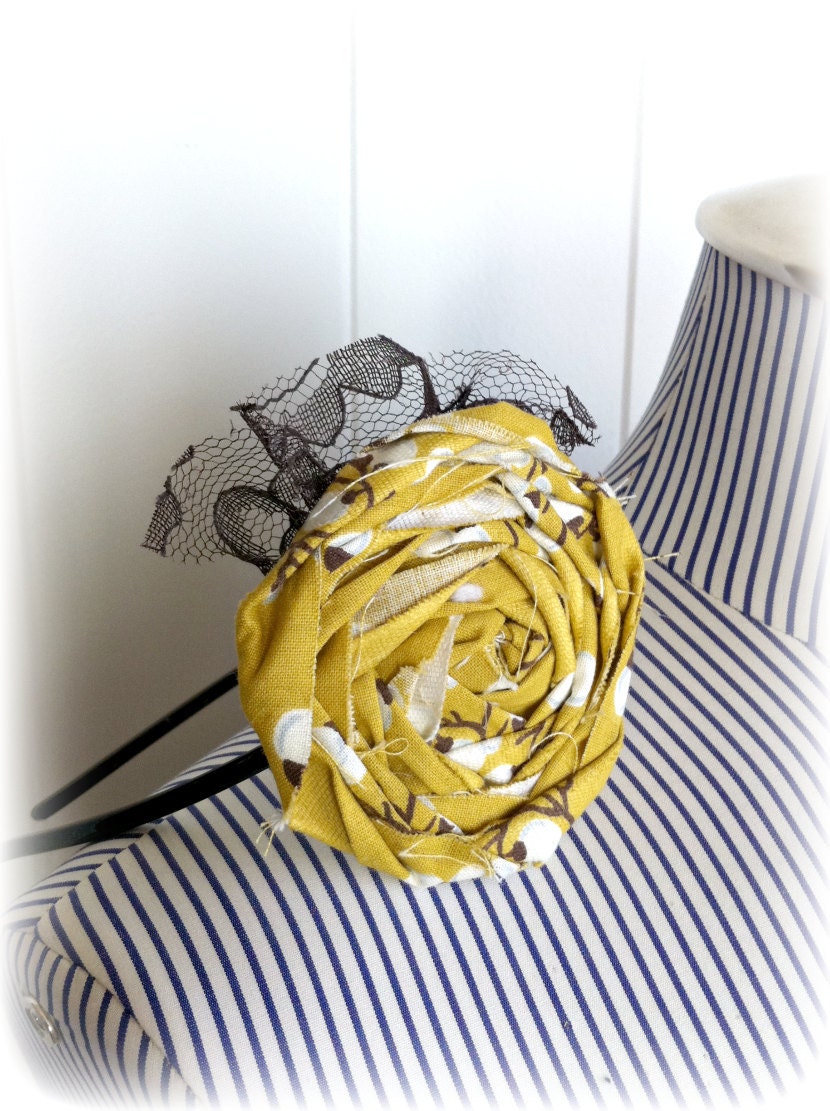 Ochre Yellow Headband, Burnt Umber Flower Lace Accent Hair Embellishment