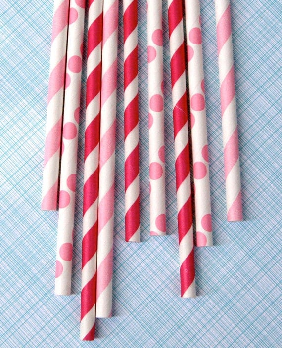 Pink Mix Paper Straws with DIY Flags - Pink Dots and Stripes (24)