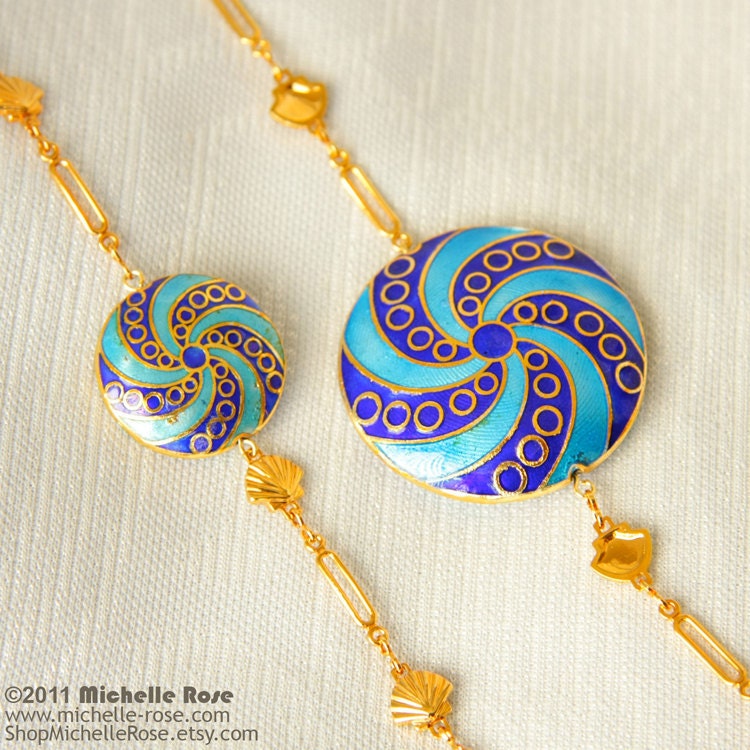 Big Chunky Cloisonne Necklace "Haute Hippie in I Dream of Jeannie Pinwheels" Aqua Royal Purple Blue Lollipop Swirls Beads Long Gold Chain