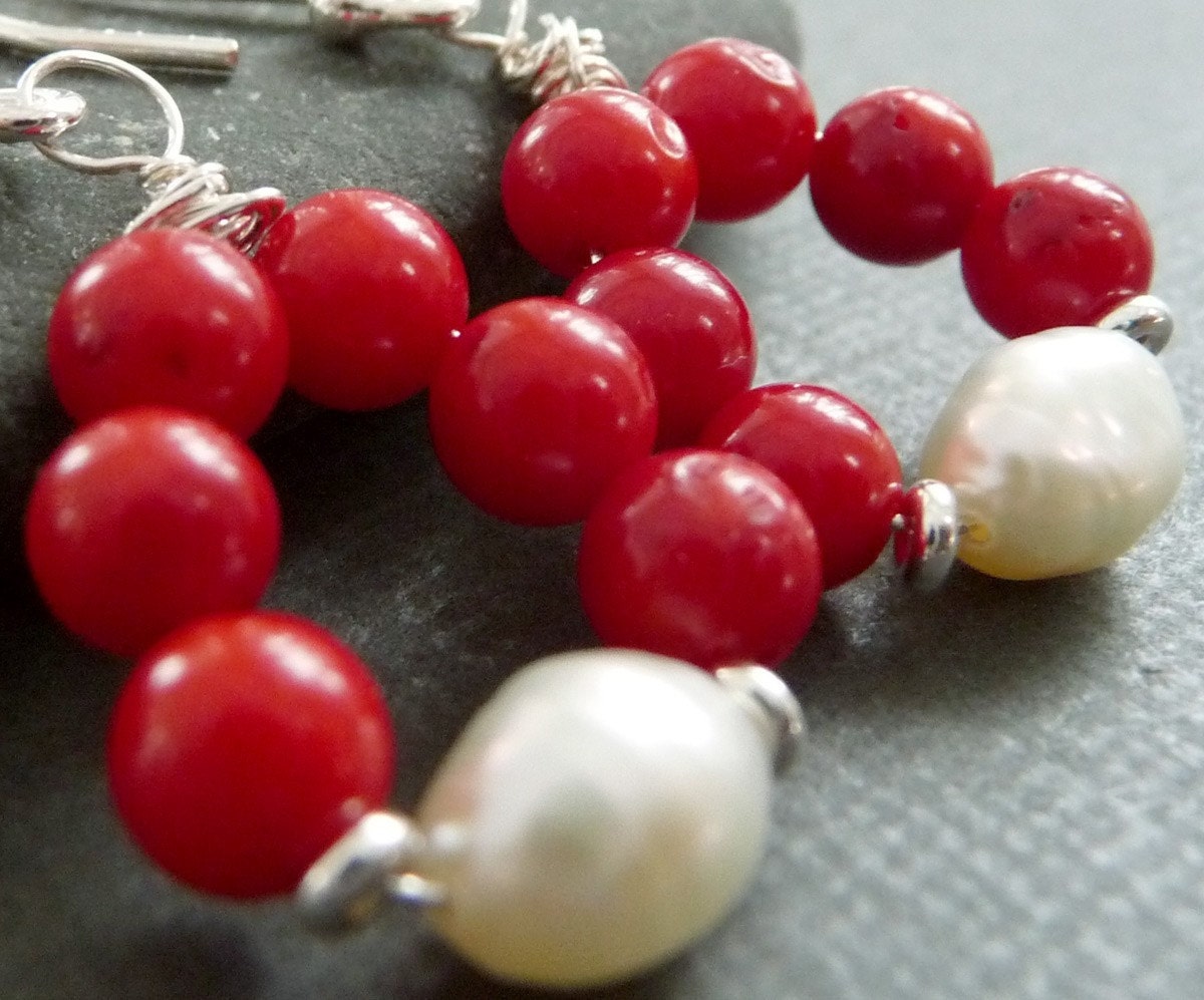 Red Coral and Pearl Hoop Sterling Silver Earrings