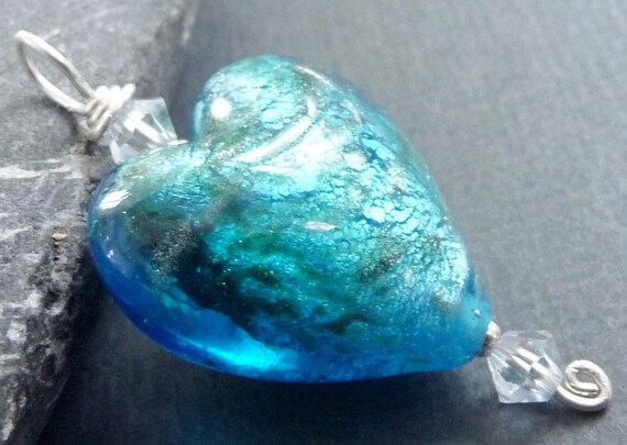 Foil Glass Sweet 16 Pendant Wire-Wrapped with Sterling Silver and Swarovski Crystal