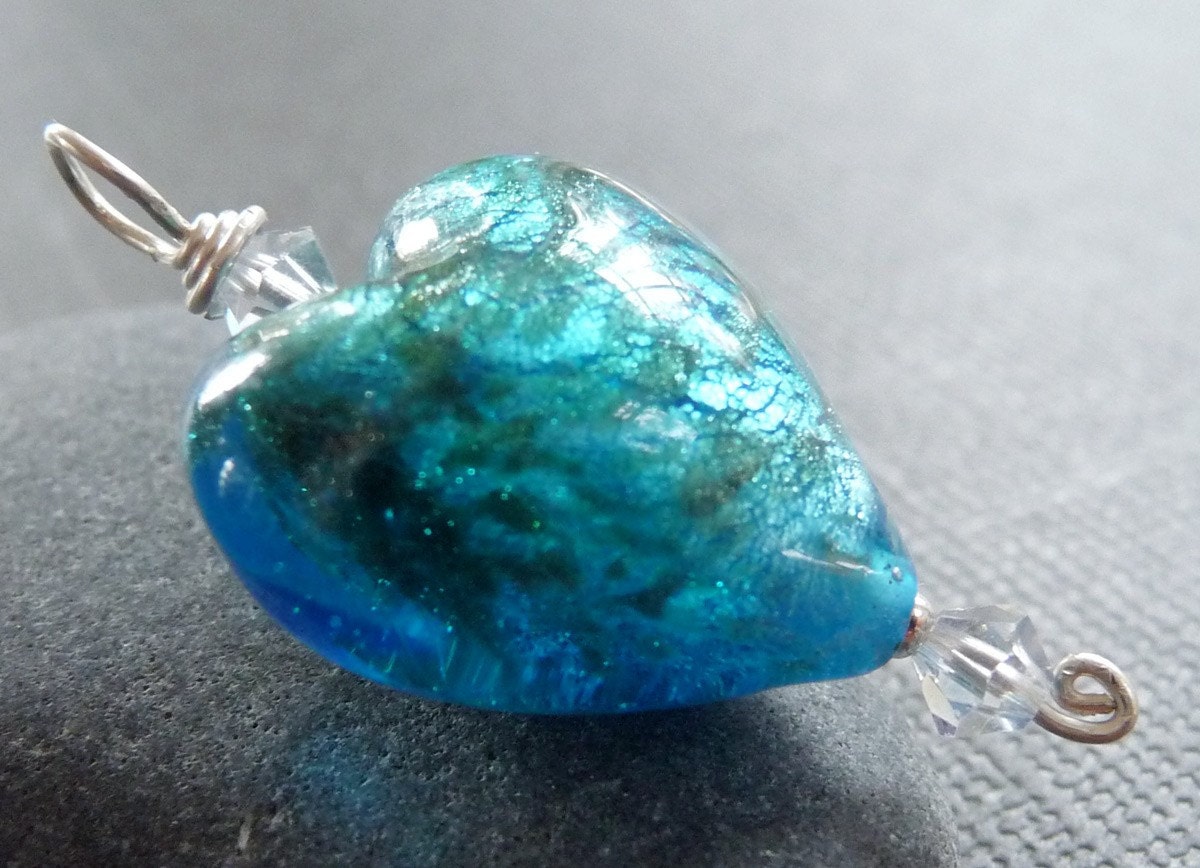 Foil Glass Sweet 16 Pendant Wire-Wrapped with Sterling Silver and Swarovski Crystal