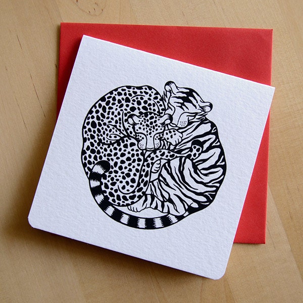 Panthera Pair (Leopard & Tiger) - Pack of 4 Cards and Envelopes (Black and Poppy Red)
