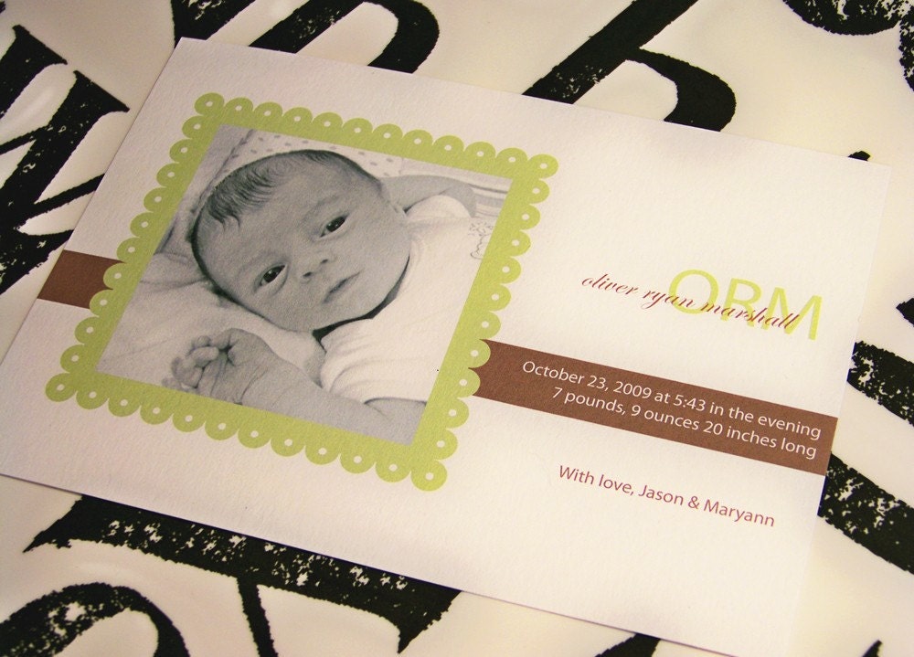 Apple Green Scallop Monogram Custom Photo Birth Annoucement Sample