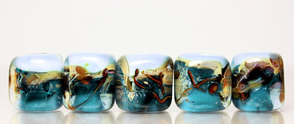 Cerulean Blue, Baby Blue, Dark Blue and Tan - Cubes - Lampwork Boro Beads