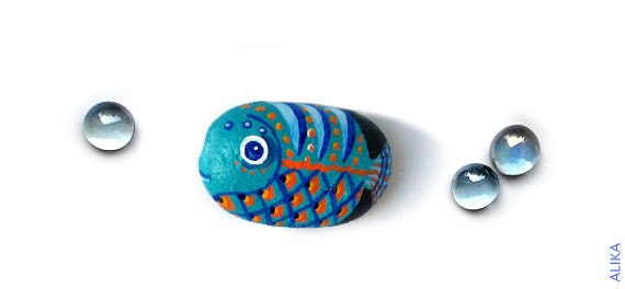 Painted rock stone art  turquoise fish magnet