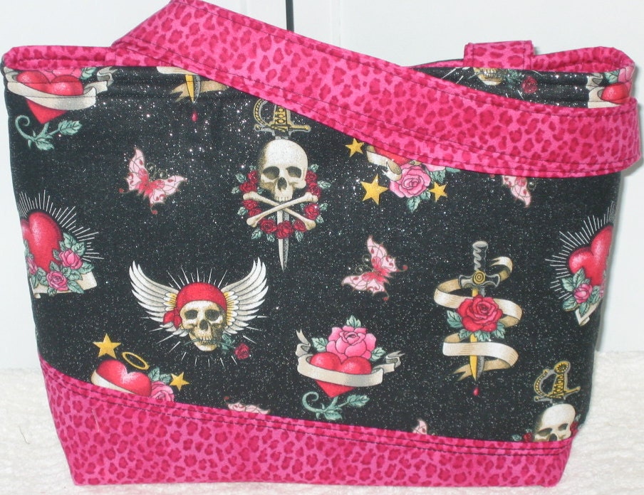Mini Tote Tattoo's and Glitter / Hot Pink / Skulls and Roses / Accessory / Ready to Ship