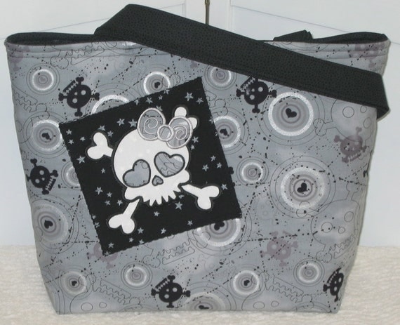 Funky Girl Skull Tote Black and Grey Large purse Ready to Ship