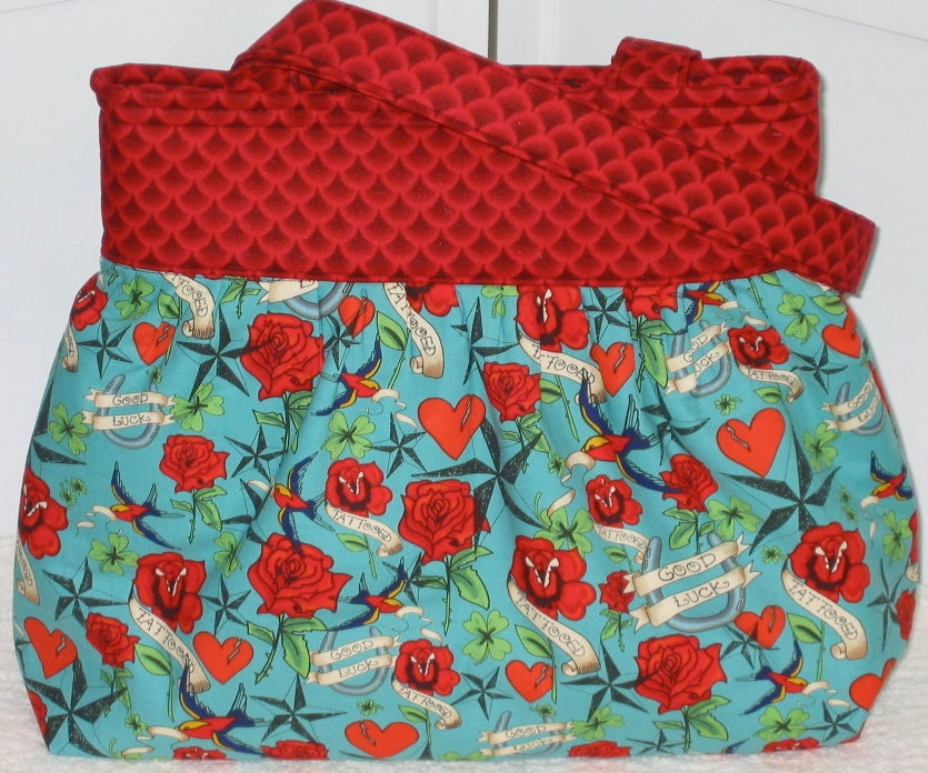 Gathered Shoulder Bag , Tote , Good Luck , Tattoo , Roses , Horseshoe , Rockabilly, Punk , Ready To Ship