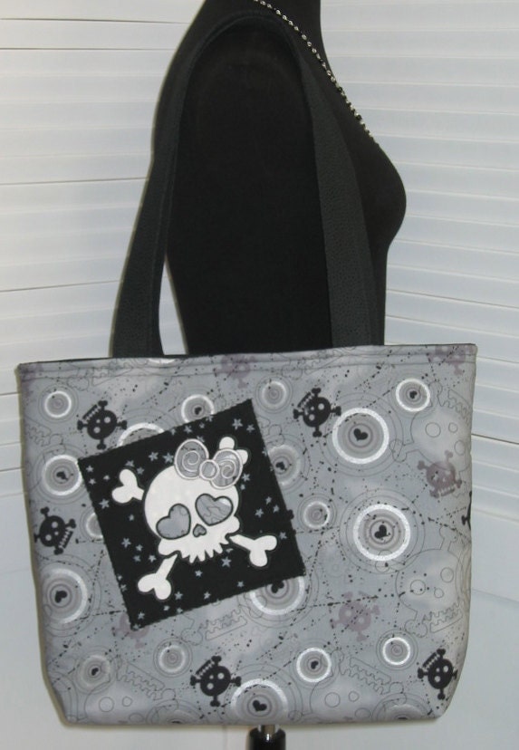 Funky Girl Skull Tote Black and Grey Large purse Ready to Ship