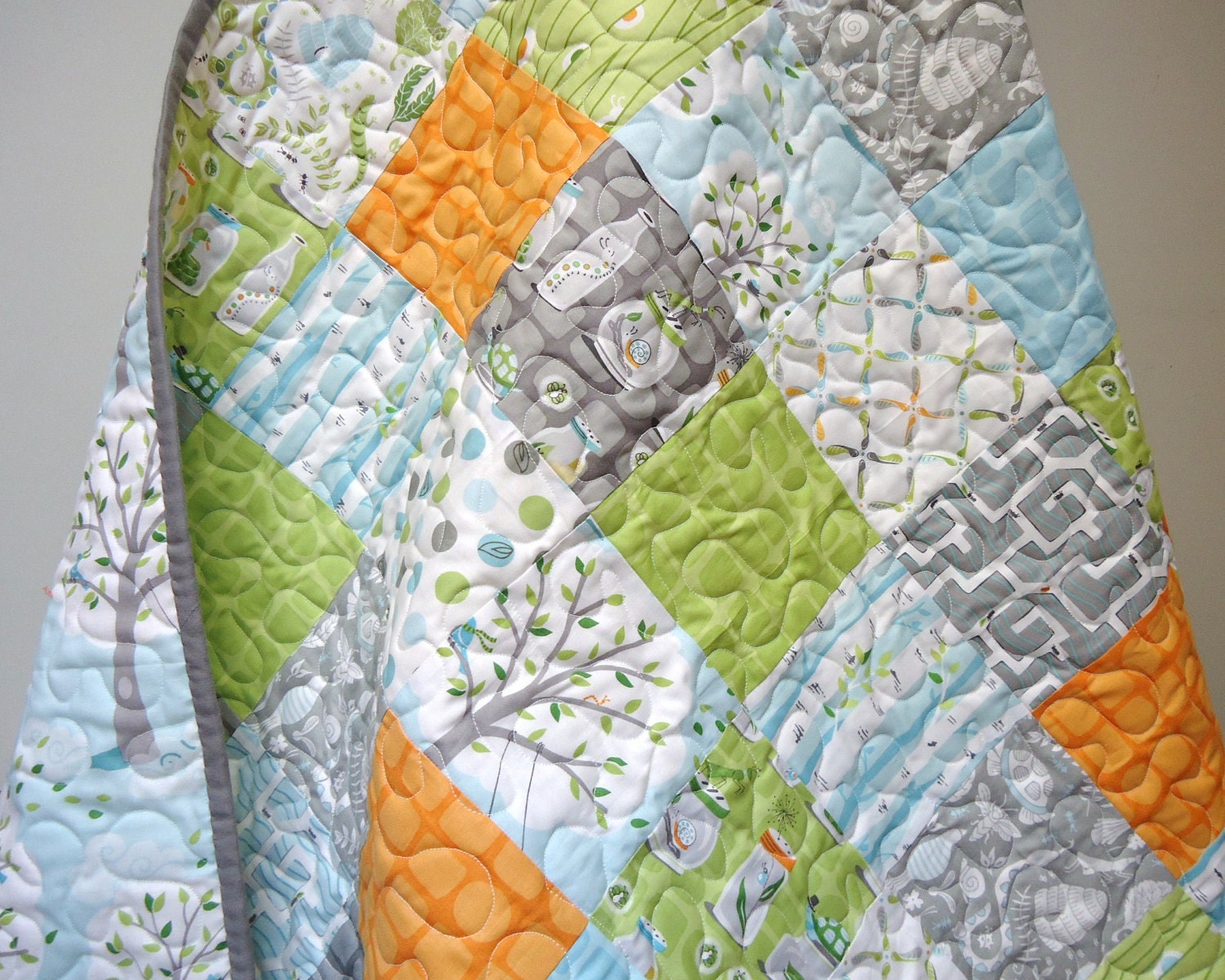 Backyard baby boy quilt, modern, Gray, Grey, Aqua, Orange Made to Order