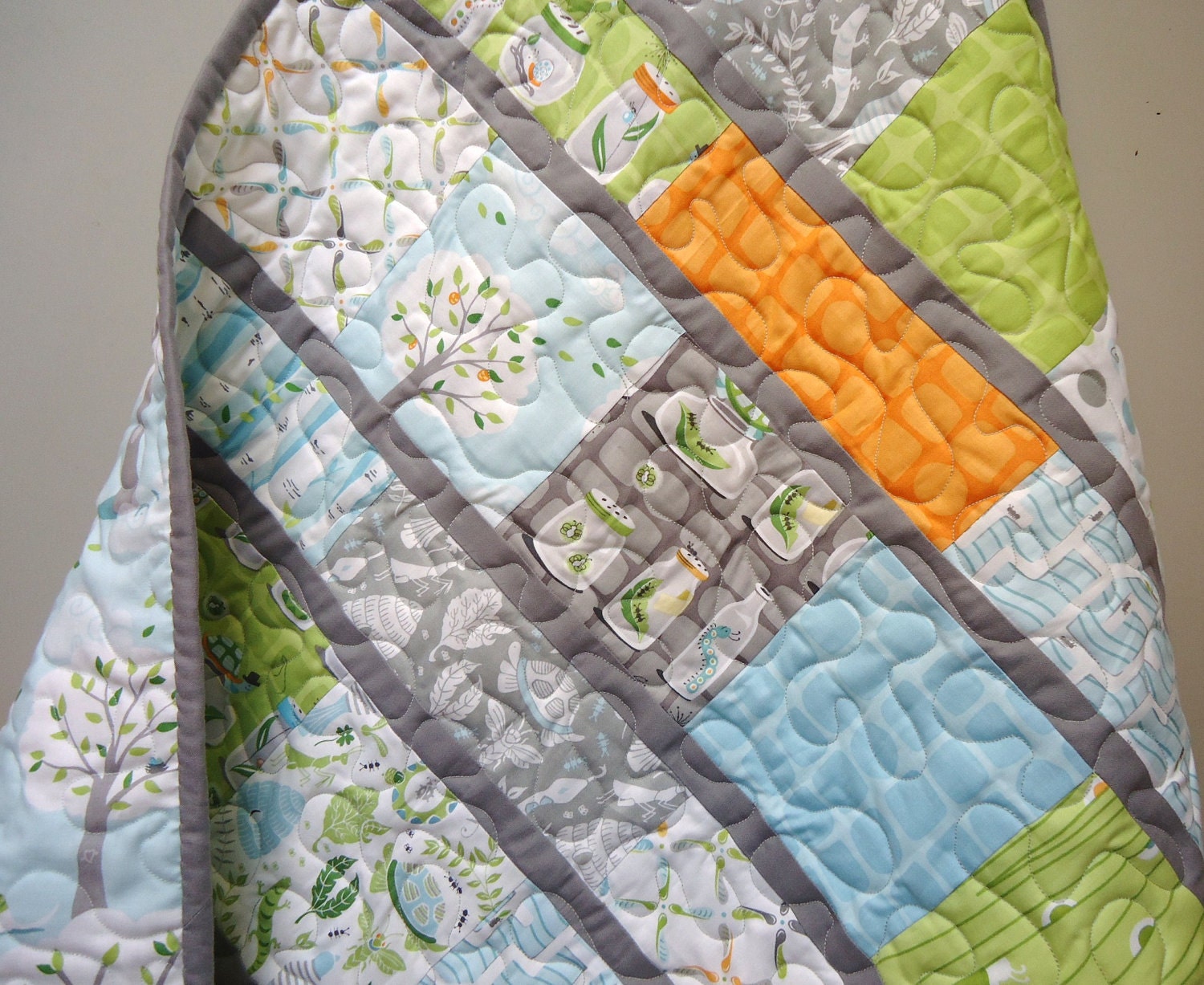 Custom Listing for Margaret Only Baby Quilt, Modern Baby Boy Quilt - Backyard Baby - Gray Grey Aqua Orange-Michael Miller -Made to Order