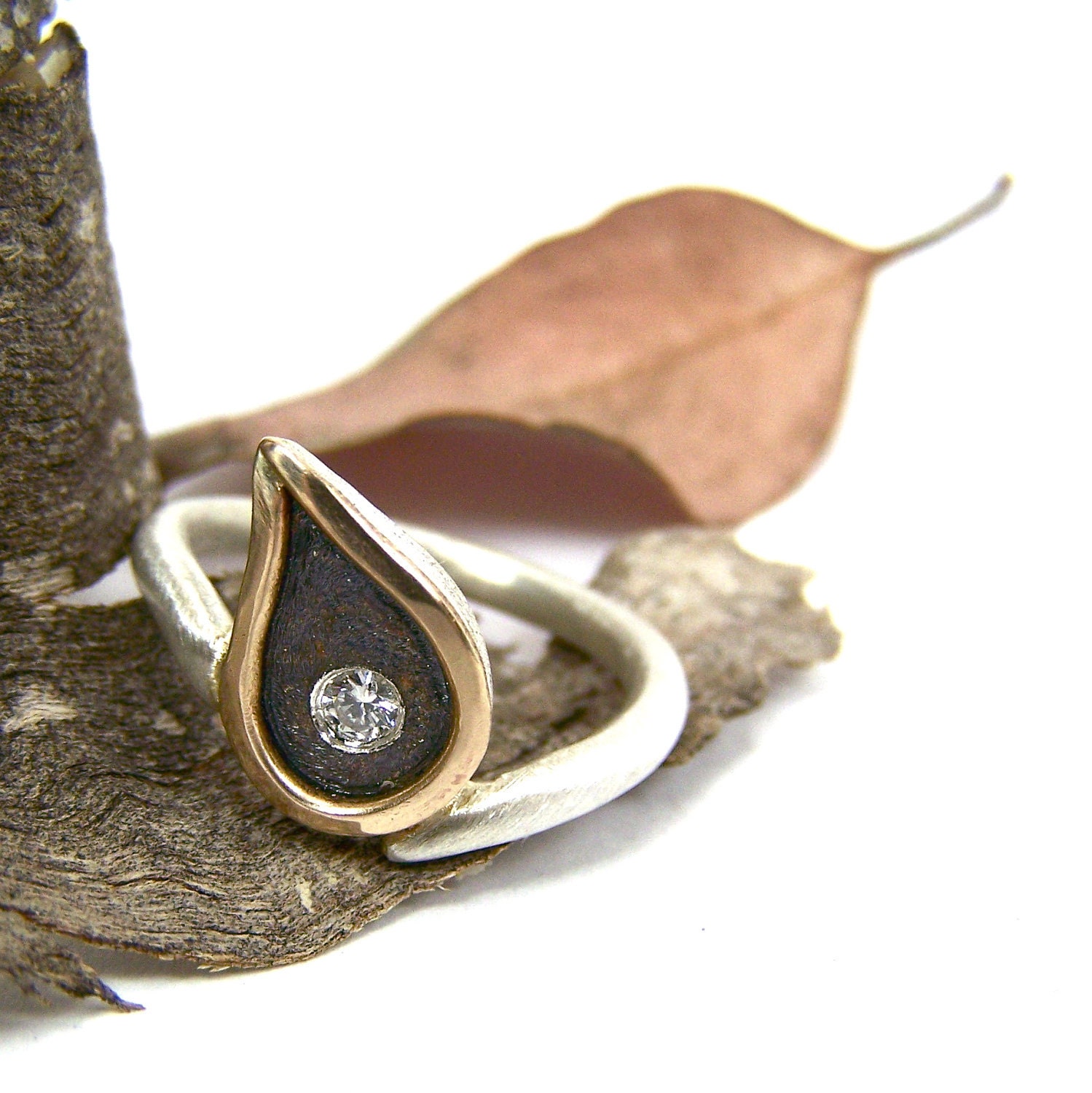 Modern Silver Gold Diamond Drop Ring - Brilliant Drop