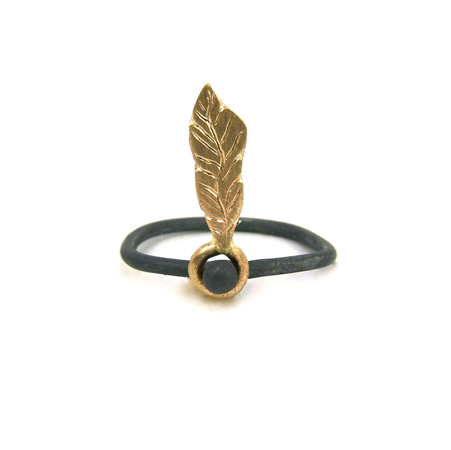 Gold Feather Charcoal Silver Ring - Dancing Feather