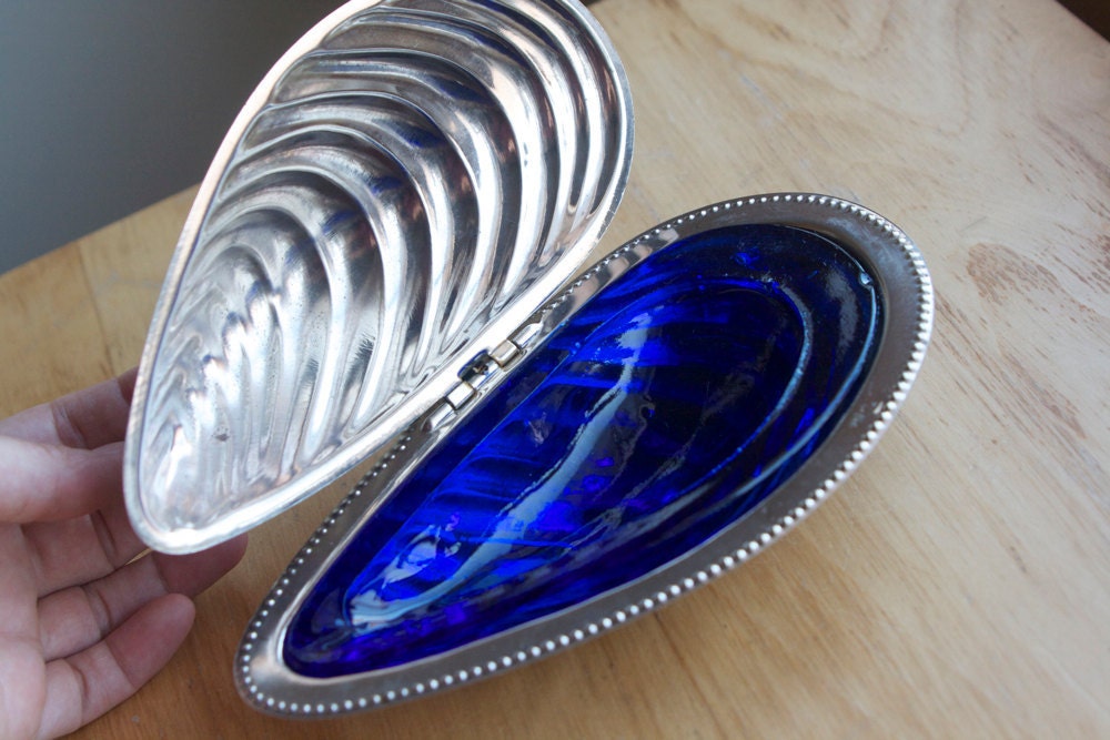 Condiment Dish, Nautical Serving Ware, Silver and Cobalt Glass
