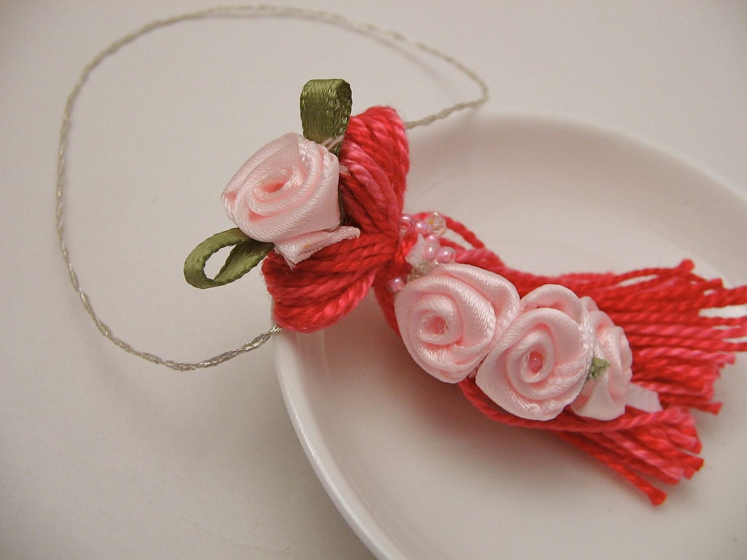 Pink Roses Spring Easter Wedding Ornament Gift Decoration Dark Pink Tassel