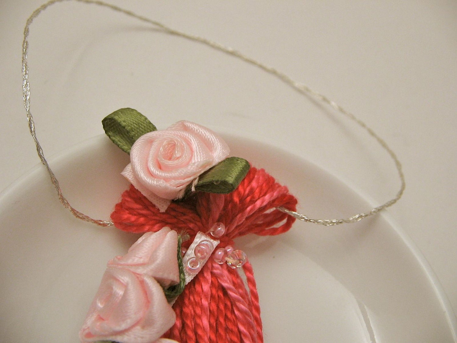 Pink Roses Spring Easter Wedding Ornament Gift Decoration Dark Pink Tassel