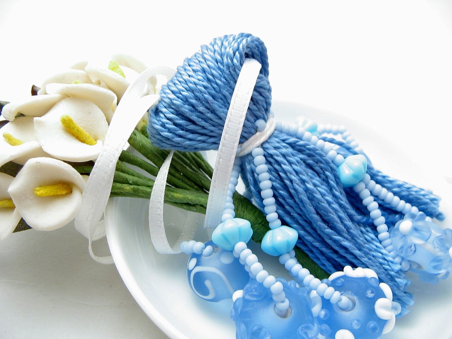 Blue Wedding Beaded Tassel Wristlet Bracelet