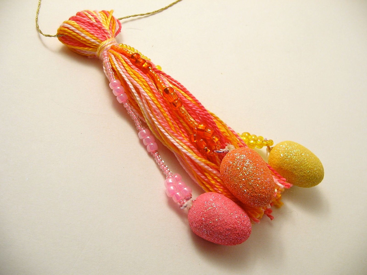 Pink, Yellow, and Orange Easter Egg Beaded Tassel Ornament Decoration